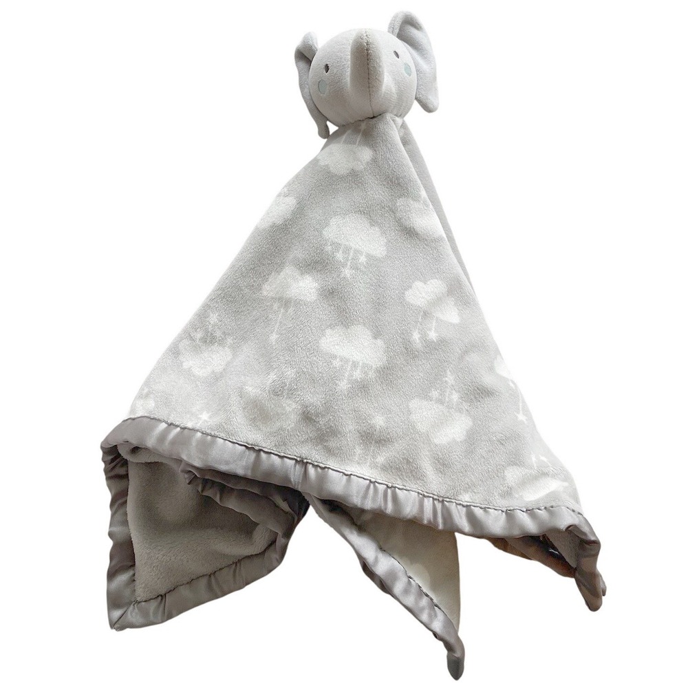 Parents Choice Gray White Clouds Elephant Baby Blanket Satin Trim Plush Lovey
